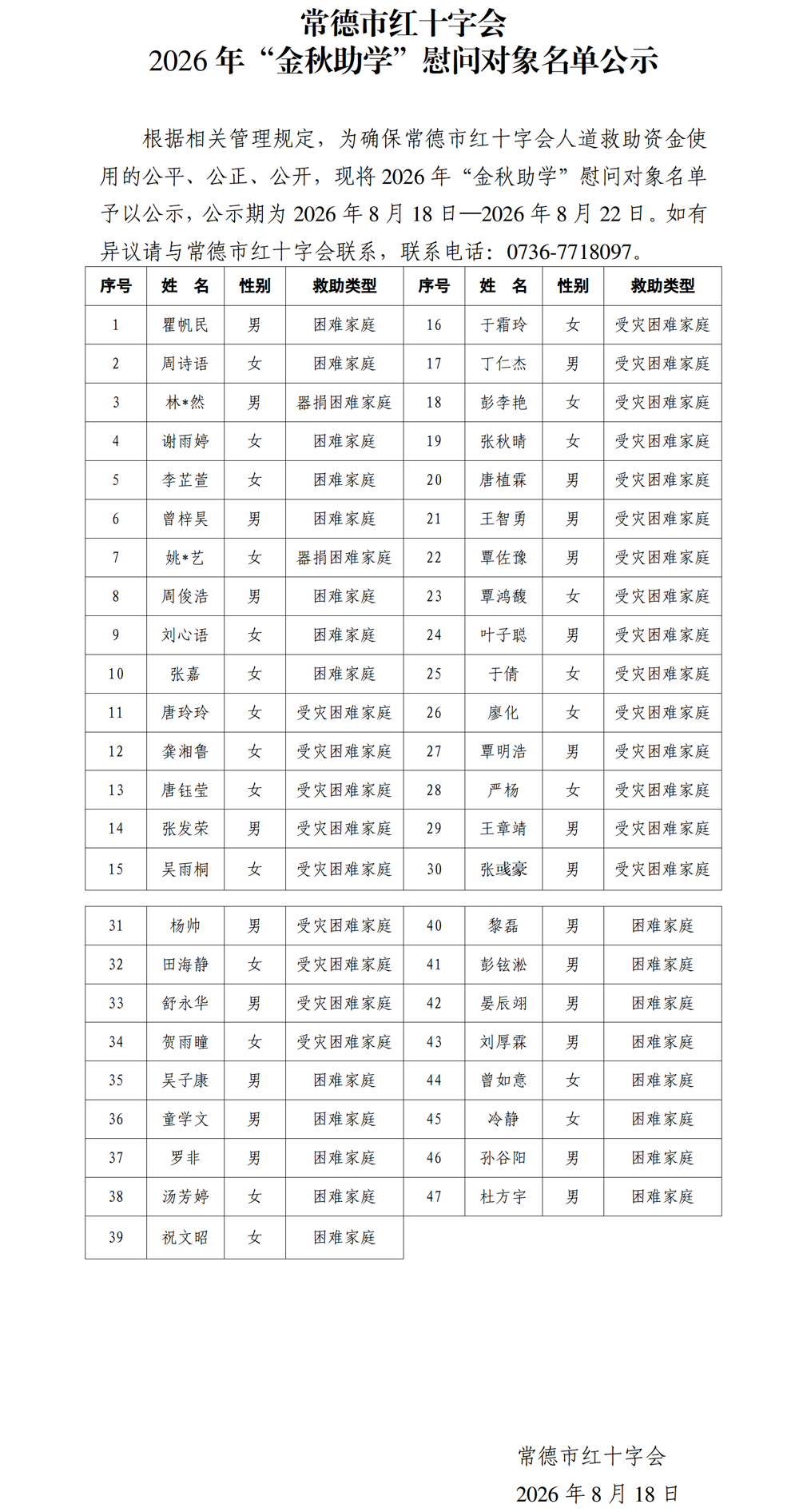 常德市红十字会2026年“金秋助学”慰问对象名单公示